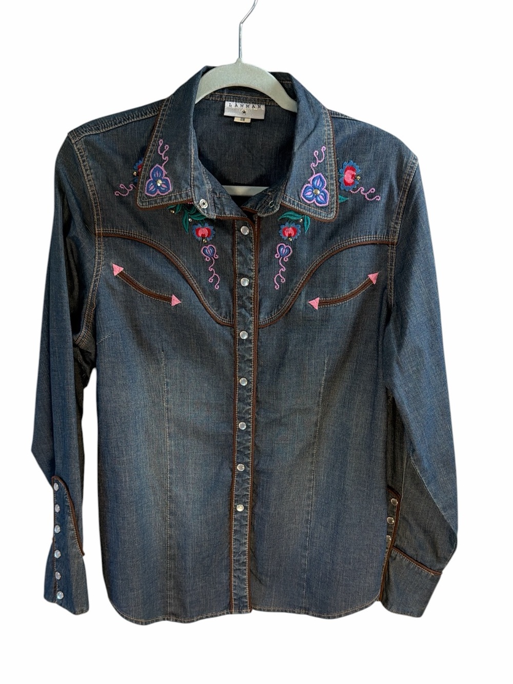 Lawman Women’s Western Pearl Snap Embroidered Long Sleeve Denim Shirt Size L